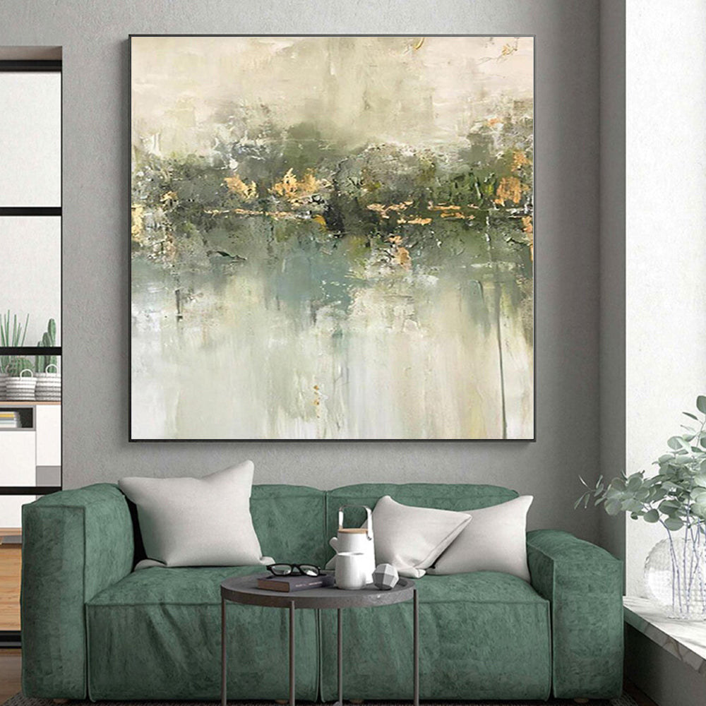 “Green & Gold Abstract Reflection” - Abstract Reflection Painting On Canvas PS0423