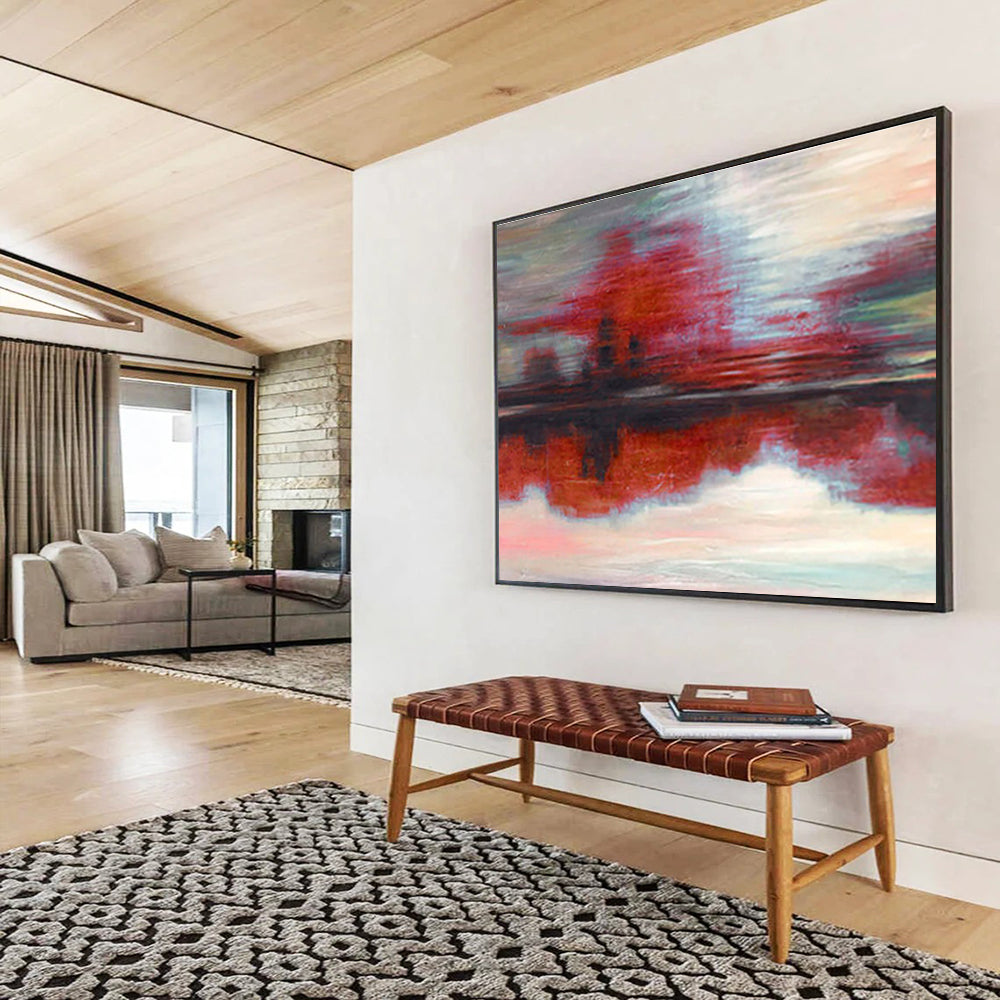 “Red - hued Reflective Abstract” - Mood - evoking Landscape Painting On Canvas DKS384