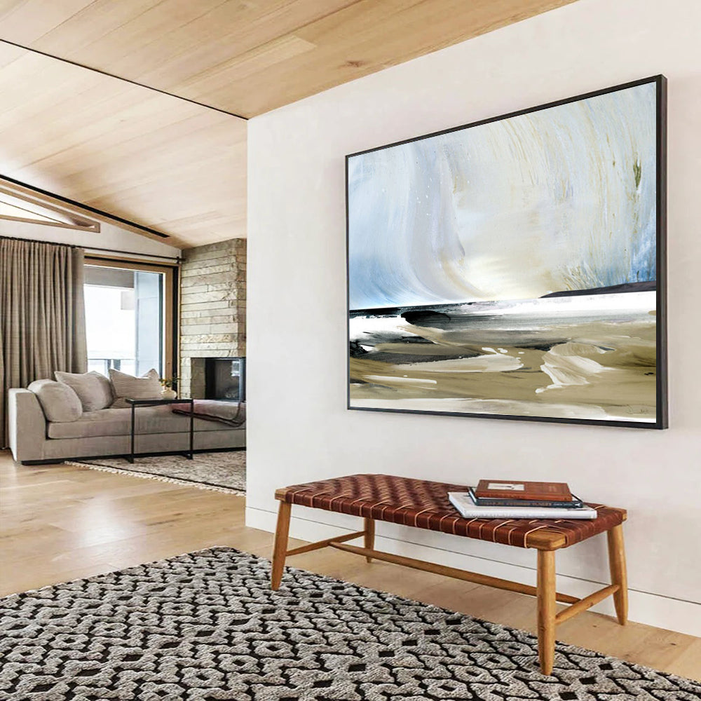 “Coastal Scene with Blue, Beige, and White” - Abstract Seascape Painting On Canvas PT116