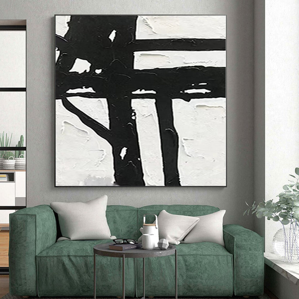 “Textured Black - White Abstract Cross” - Tactile Abstract Painting On Canvas PS0279