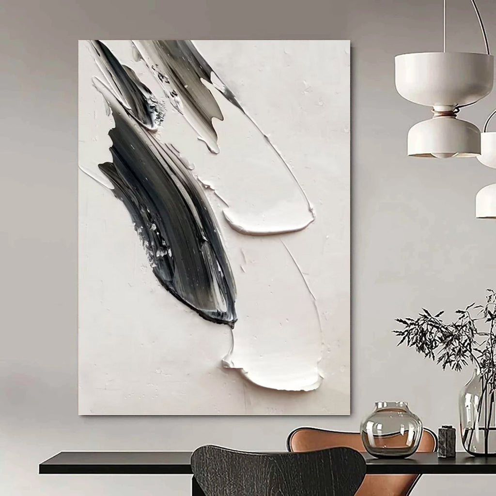 “Black and White Textured Strokes” - Abstract, Tactile - Styled Painting On Canvas PT1669