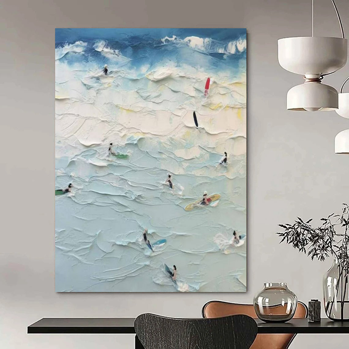 Impasto Beach Scene with Surfers "Sun, Surf, and Joy" Palette Knife Painting On Canvas PS1070