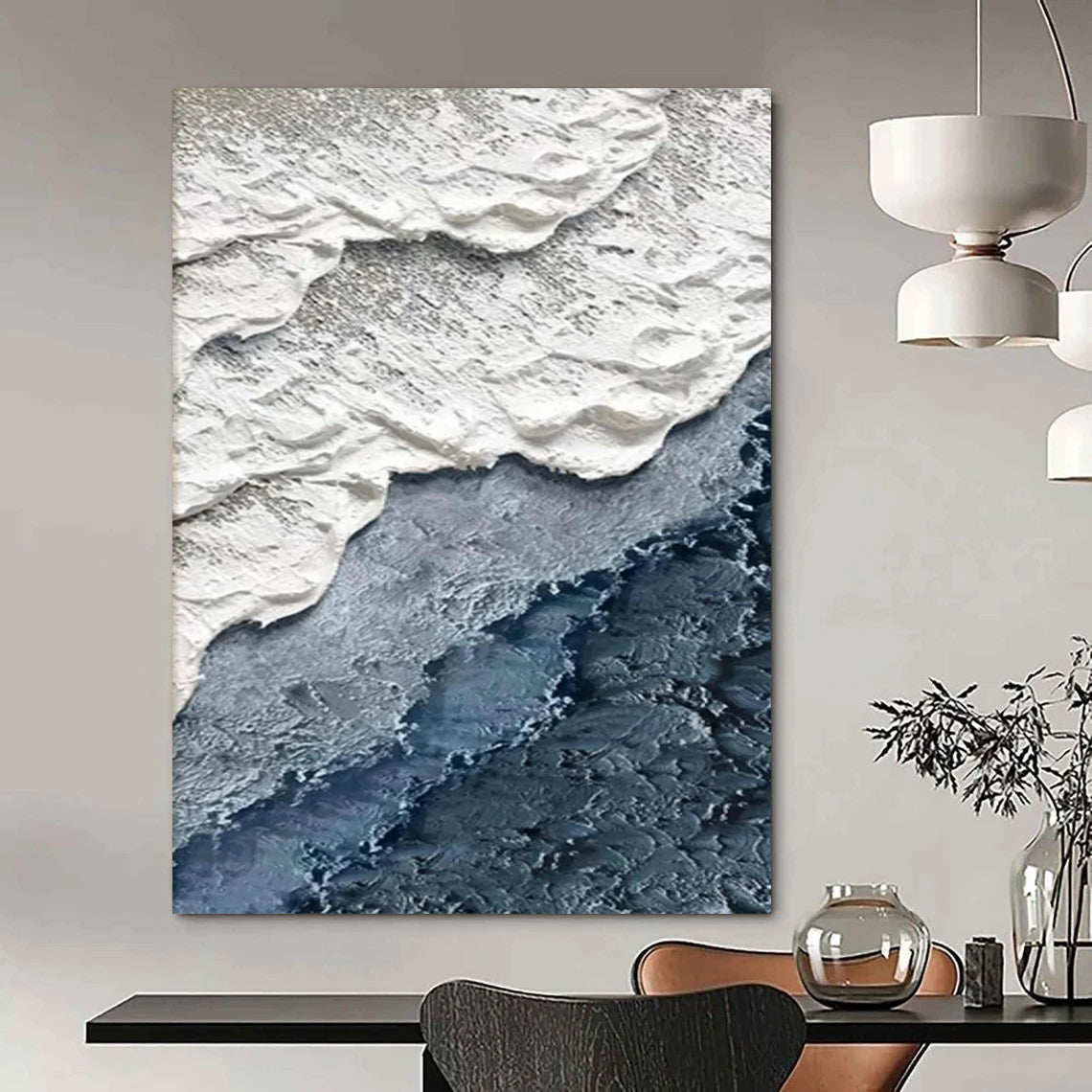 “White and Blue Textured Wave Layers” - Minimalist Ocean Layers Painting On Canvas DS325