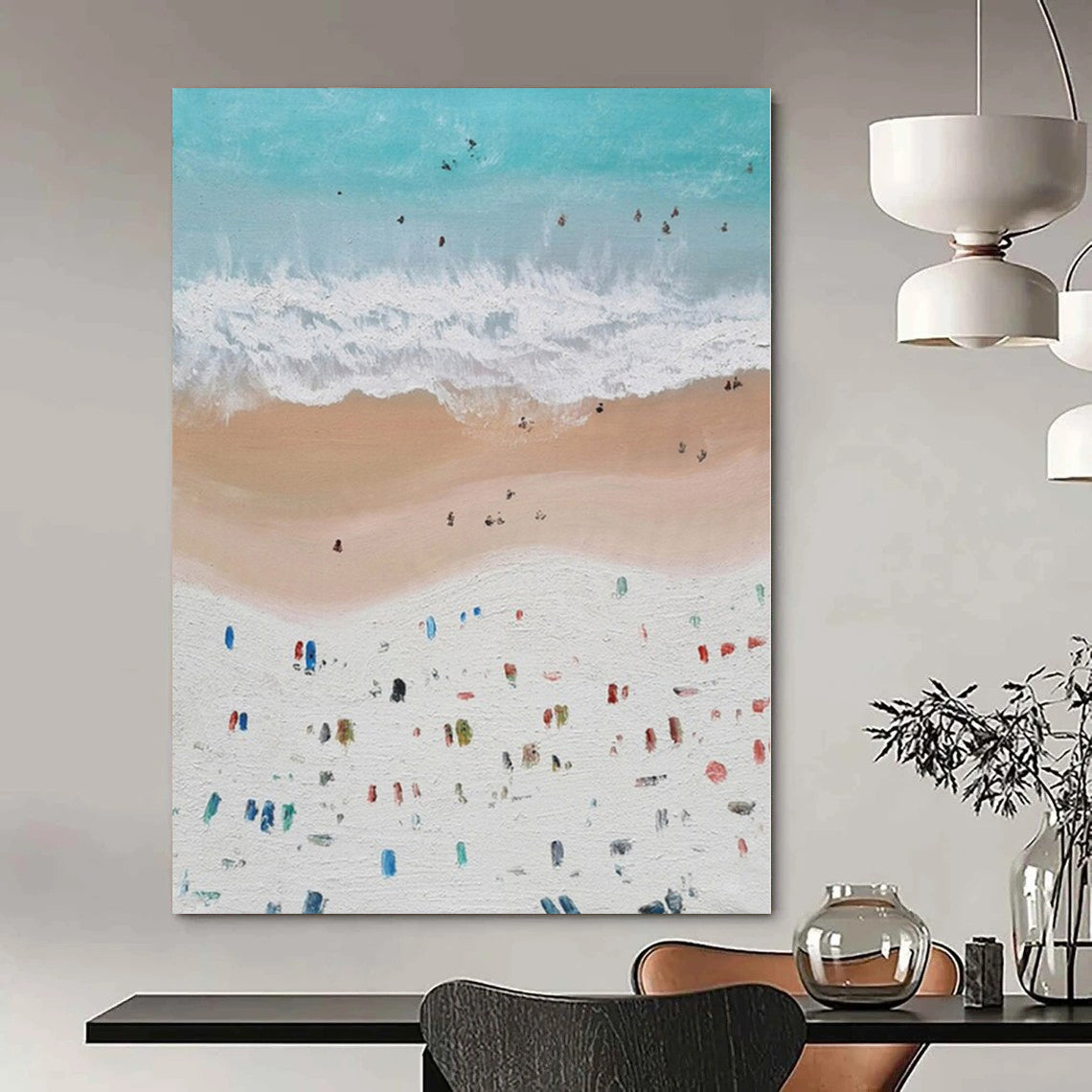 Blue, White, Beige and Colorful Dots "Beach Carnival" Impressionistic Abstract Painting On Canvas PS1131