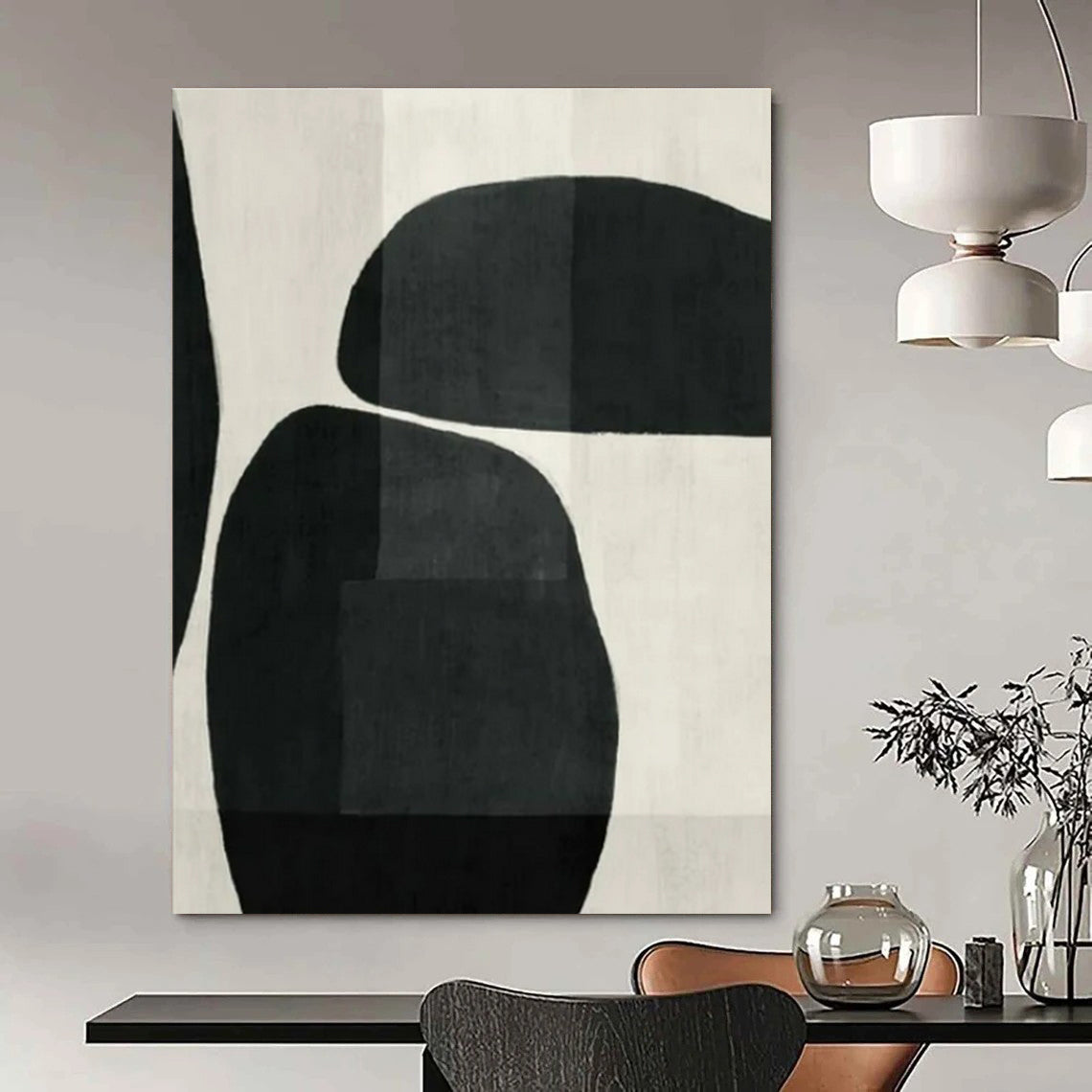 Black, White with Curved Shapes "Organic Flow" Abstract Painting On Canvas PS1448
