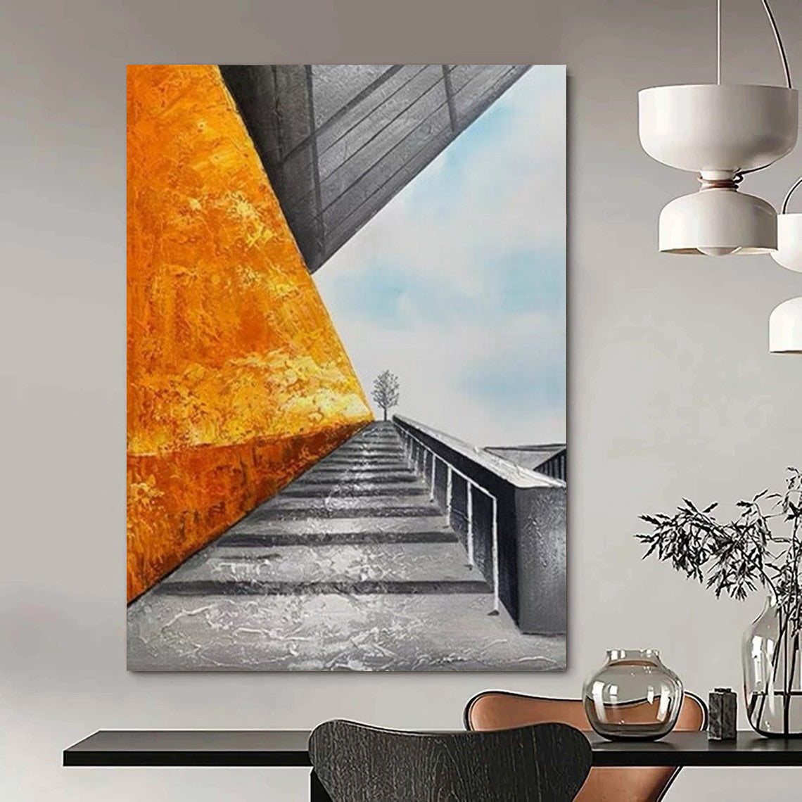 “Orange Wall & Stairway” - Architectural Abstract Painting On Canvas DS281