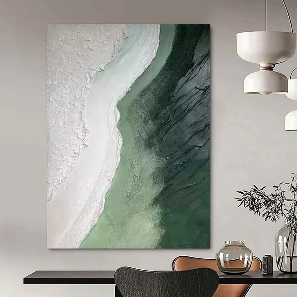 Textured Green and White, "Coastal Layers" – Textured Abstract Painting On Canvas PS0938