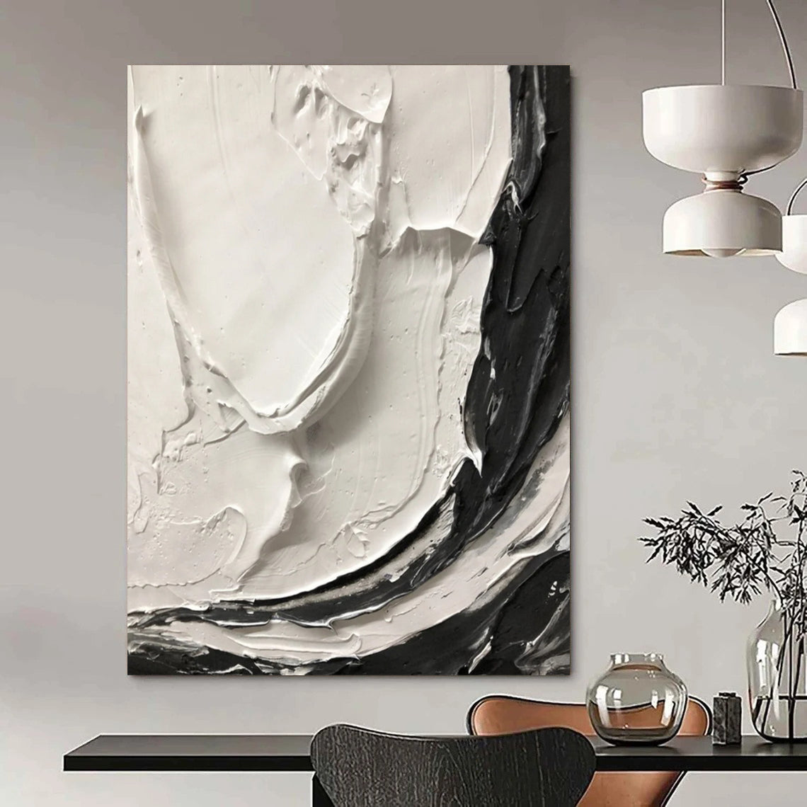 “Thick Black and White Textured Swirls” - Tactile Abstract Painting On Canvas DS387