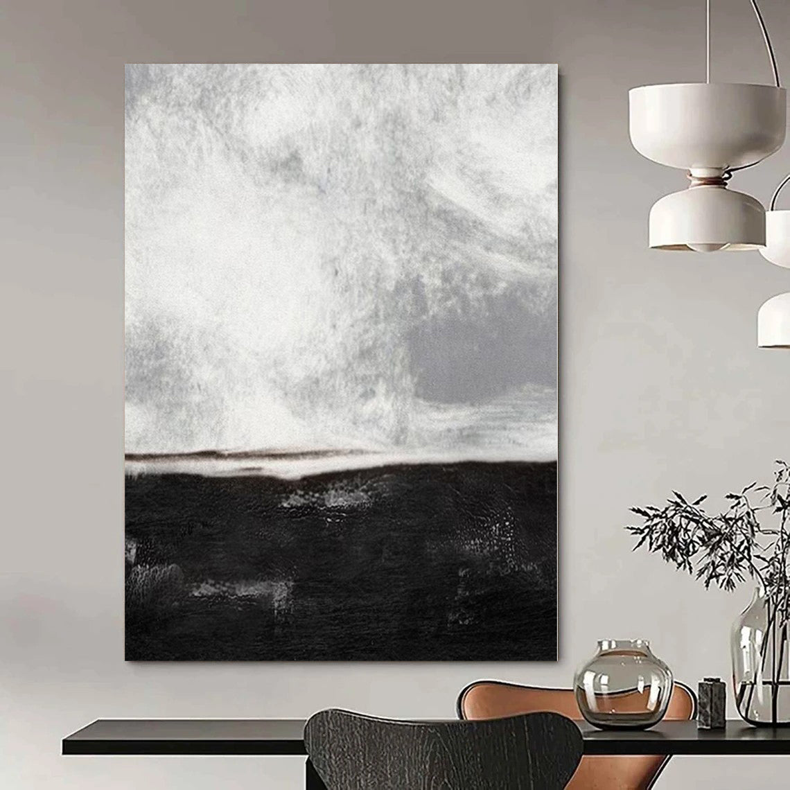 Black, White and Gray with Textured Divide "Midnight Calm" Abstract Painting On Canvas PS1154