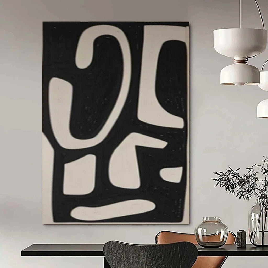 Black and White Flowing Shapes "Rhythmic Abstraction" Abstract Painting On Canvas PS1076