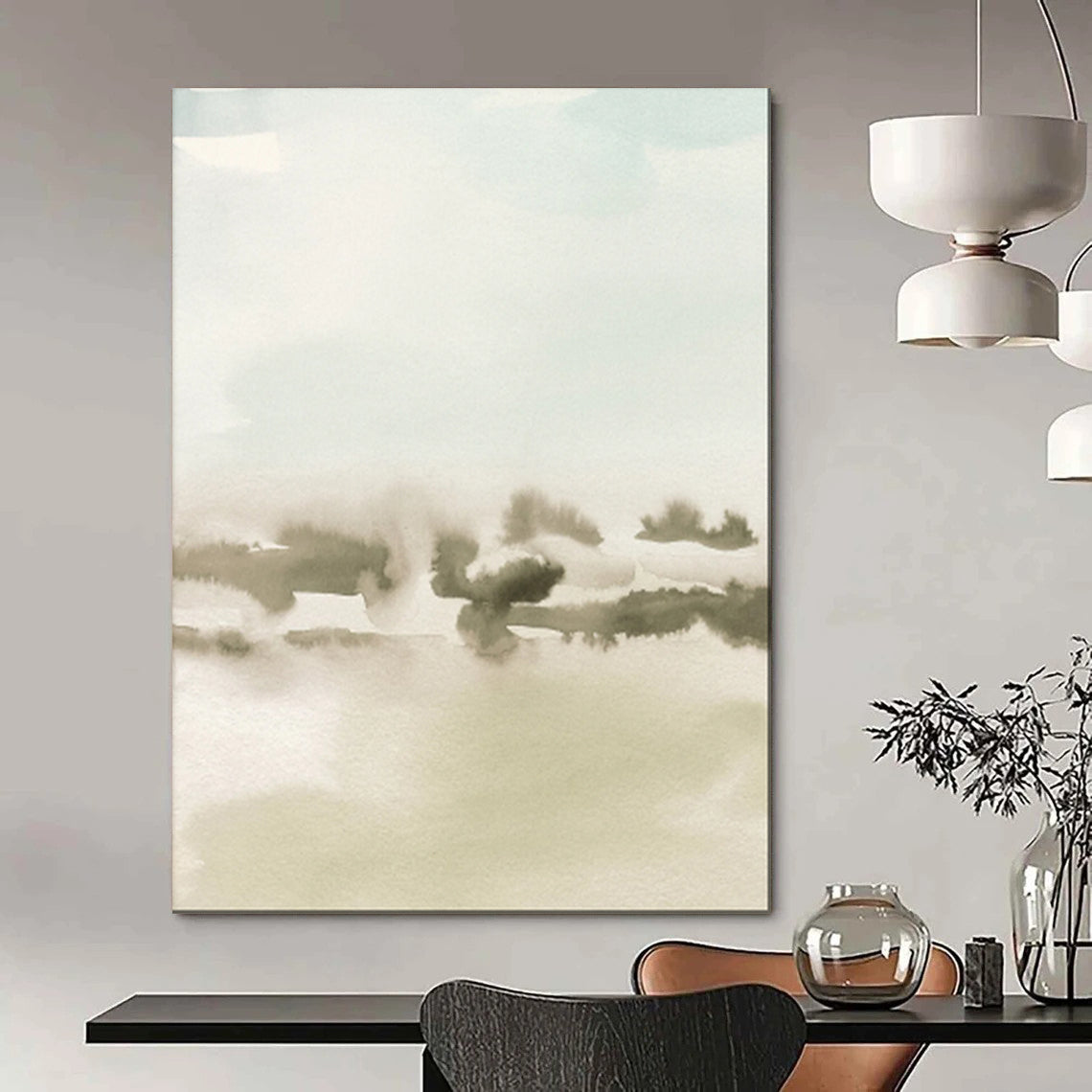 “Soft Green - Gray Watercolor Landscape” - Watercolor Abstract Painting On Canvas PT1963