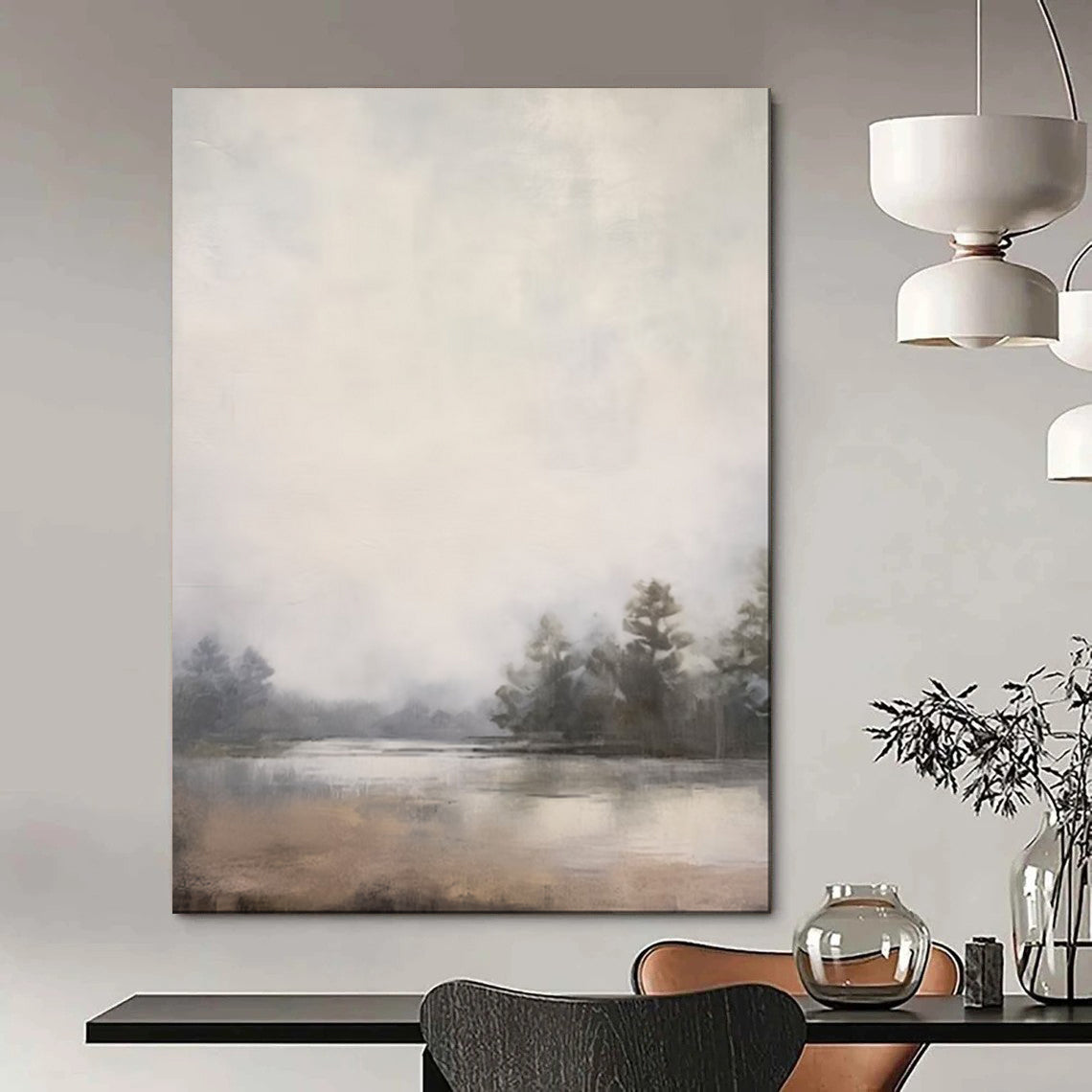 “Foggy Lake with Silhouetted Trees” - Landscape Painting On Canvas PT2057