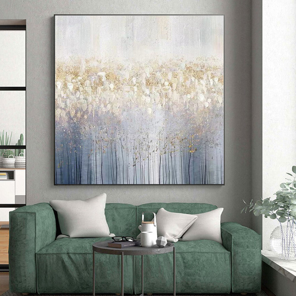 “Gold - White - Blue Abstract Forest” - Gold, White, Blue Abstract Landscape Painting On Canvas PS0592