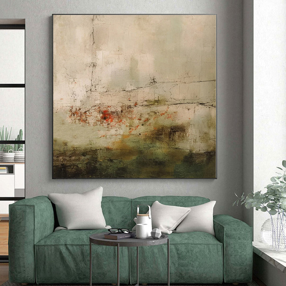 “Earthy Tones Abstract Landscape” - Beige, Green, Red Abstract Landscape Painting On Canvas PS0574