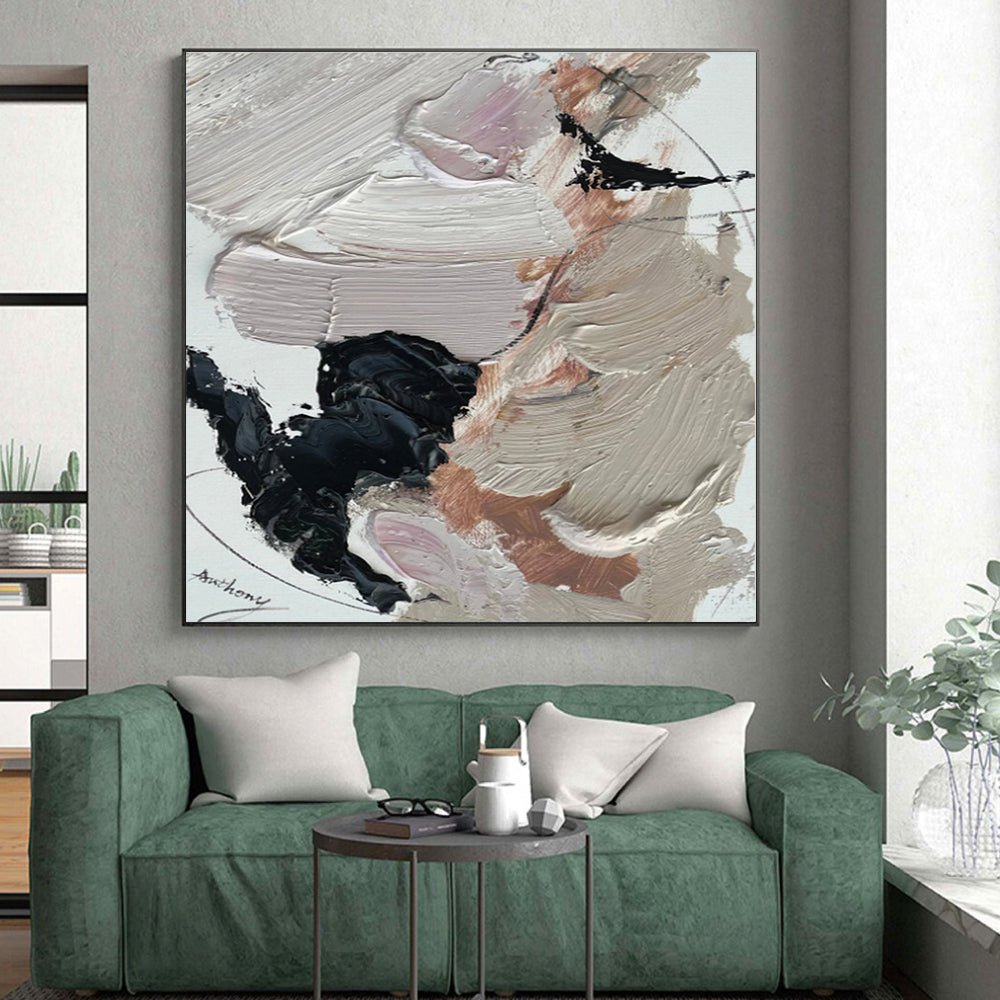 “Beige - Black - Pink Gentle Abstraction” - Beige, Black, Pink, White Abstract Painting On Canvas PS0512