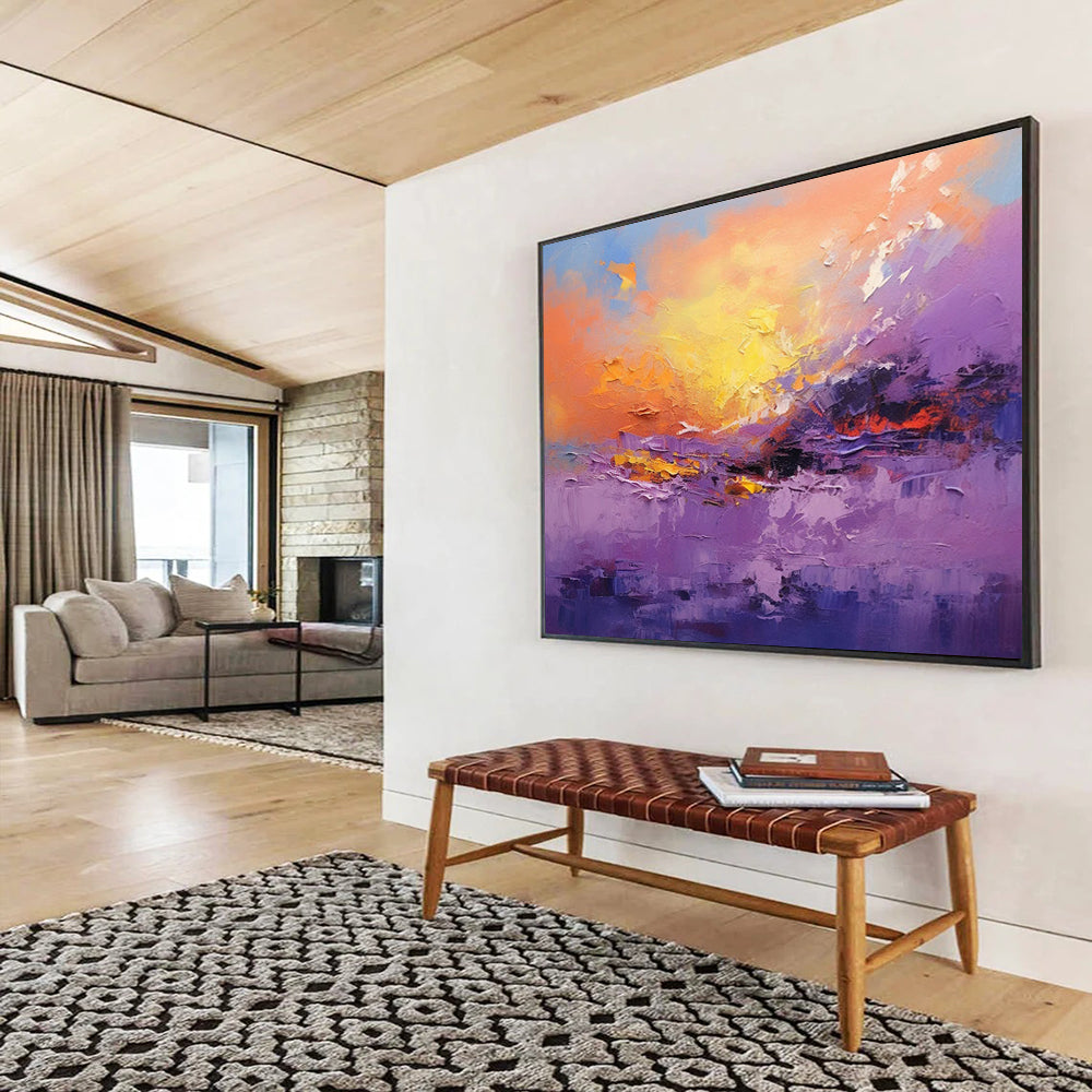 “Vibrant Purple and Orange Sunset Landscape” - Impasto Landscape Painting On Canvas PT084