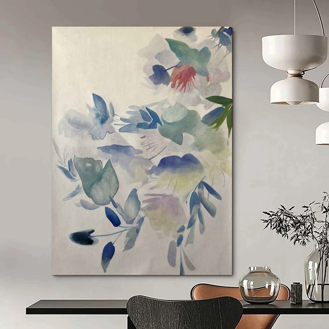 “Soft Blue - Green Watercolor Florals” - Watercolor Painting On Canvas PT2075