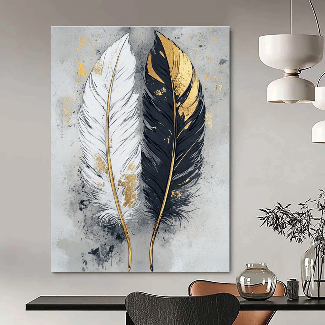 Black, White, Gold with Feathers "Gilded Feathers" Decorative Painting On Canvas PS1262