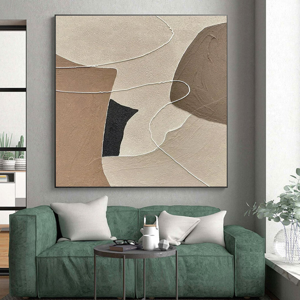 “Neutral Shapes & Lines” - Beige, Brown, Black, White Abstract Geometric Painting On Canvas PS0654