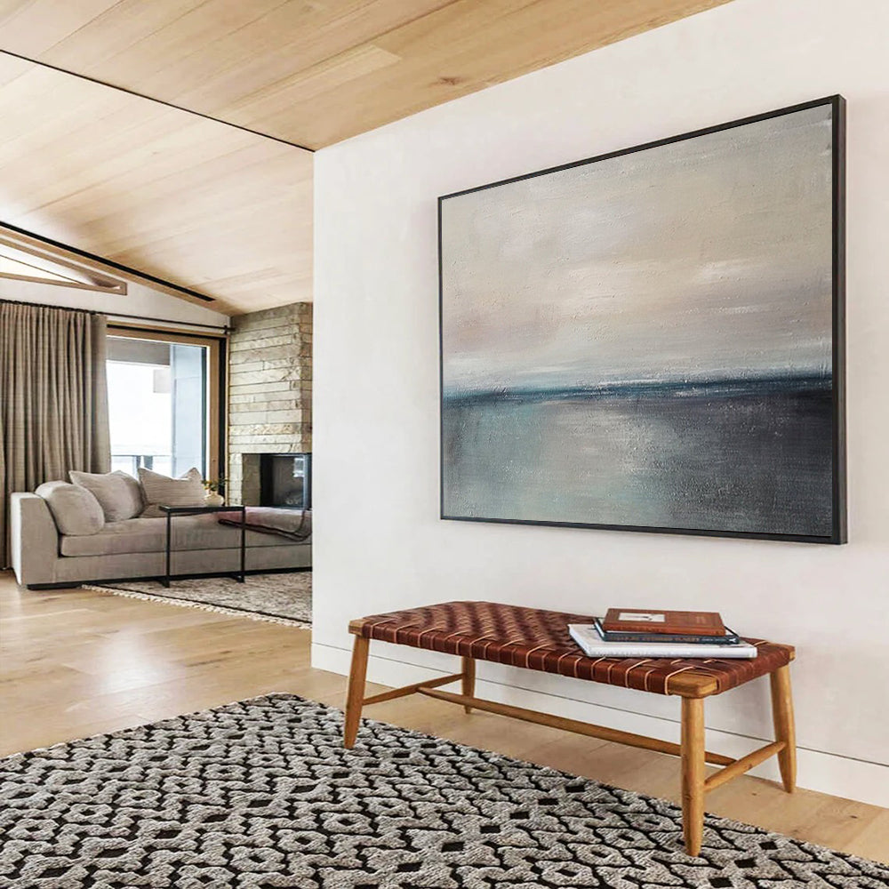 “Soft Abstract Horizon in Neutrals & Blues” - Minimalist Seascape Painting On Canvas PT017