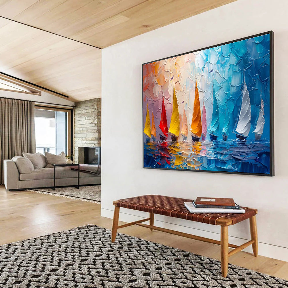 “Colorful Sailboats at Sea” - Impasto Oil Painting On Canvas DKS800