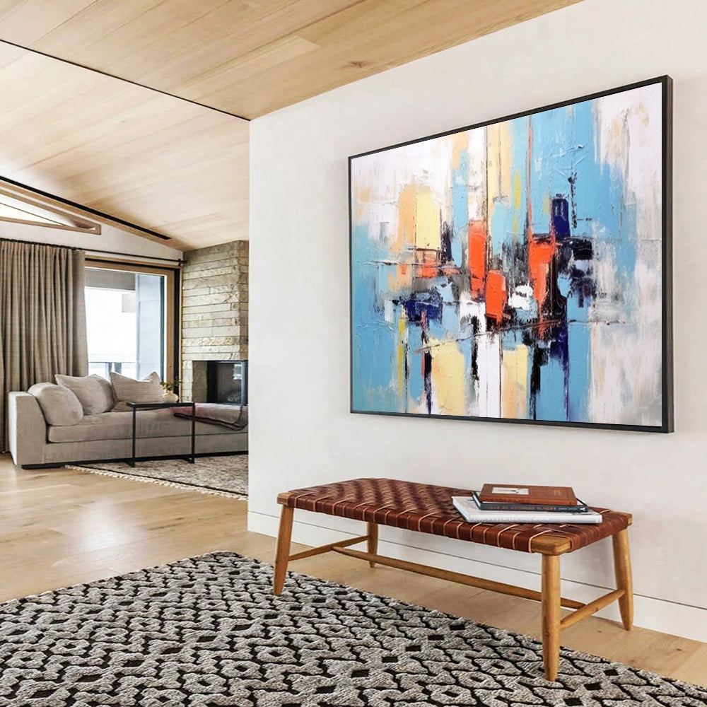 “Abstract City in Blue, Orange, and Yellow” - Modern Urban Painting On Canvas PT068