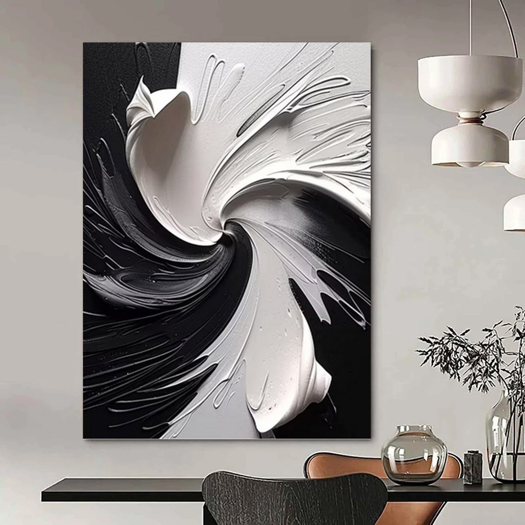 “Black & White Swirling Abstraction” - Dramatic, Monochrome Painting On Canvas PT1474