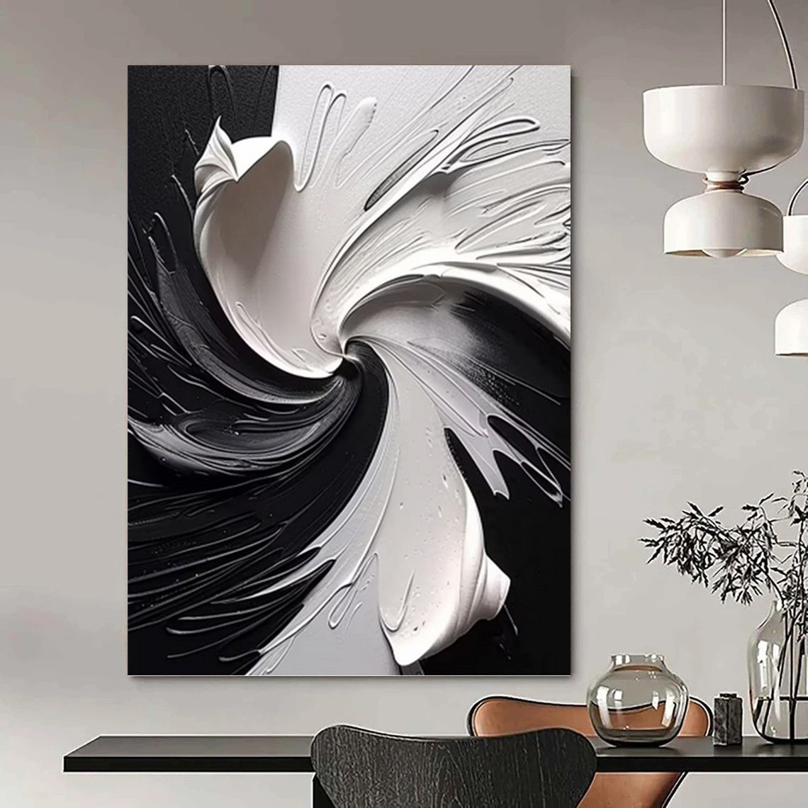 “Black & White Swirling Abstraction” - Dramatic, Monochrome Painting On Canvas PT1474