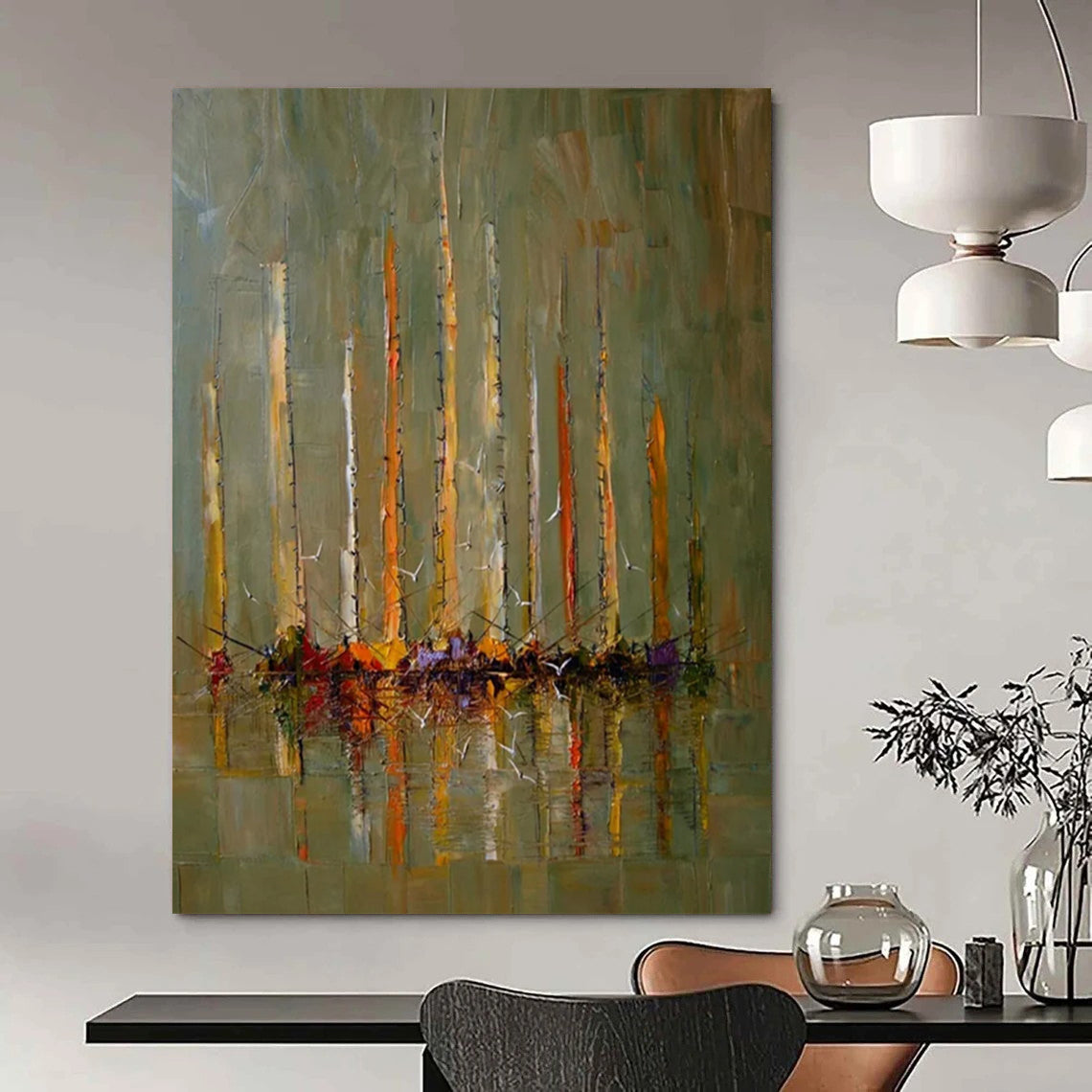 “Green, Yellow, and Orange Sailboat Reflection” - Impressionistic Maritime Painting On Canvas DS330