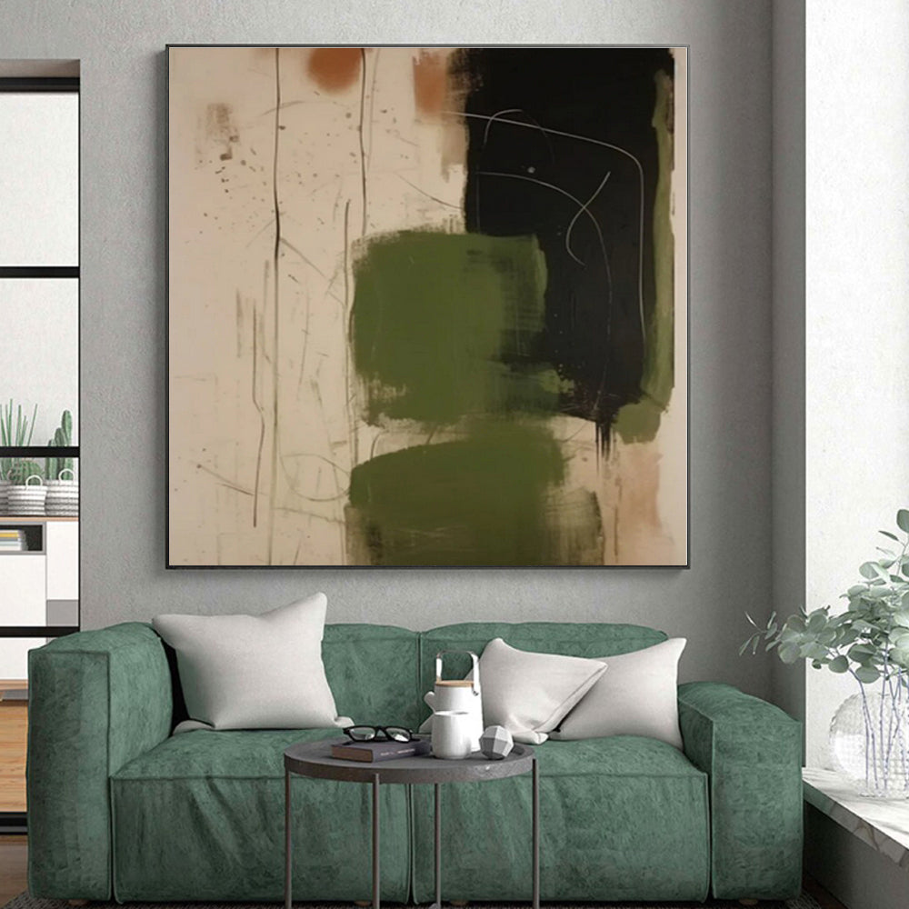 “Green - Black - Beige Expressive Abstraction” - Green, Black, Beige Abstract Painting On Canvas PS0533