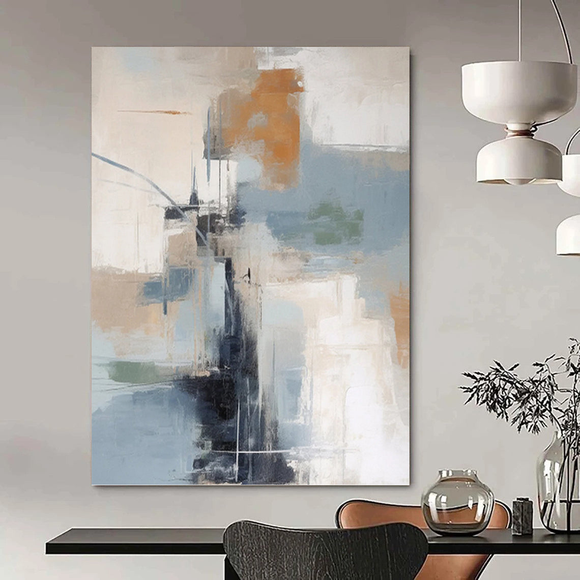 “Blue - Grey - Orange Abstract Shapes” - Cubist Abstract Painting On Canvas PT1254