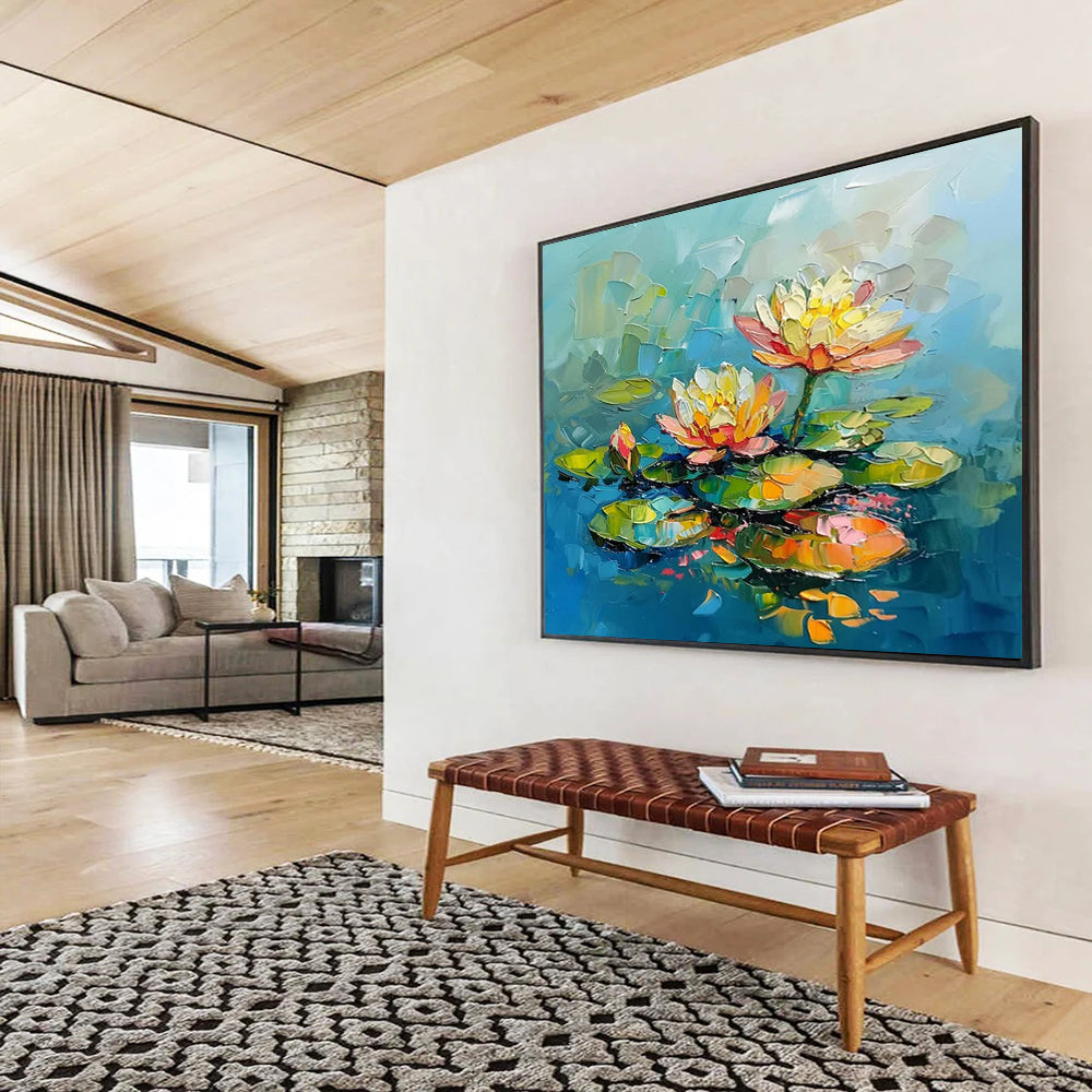 “Colorful Water Lilies” - Impasto Floral Painting On Canvas PT088