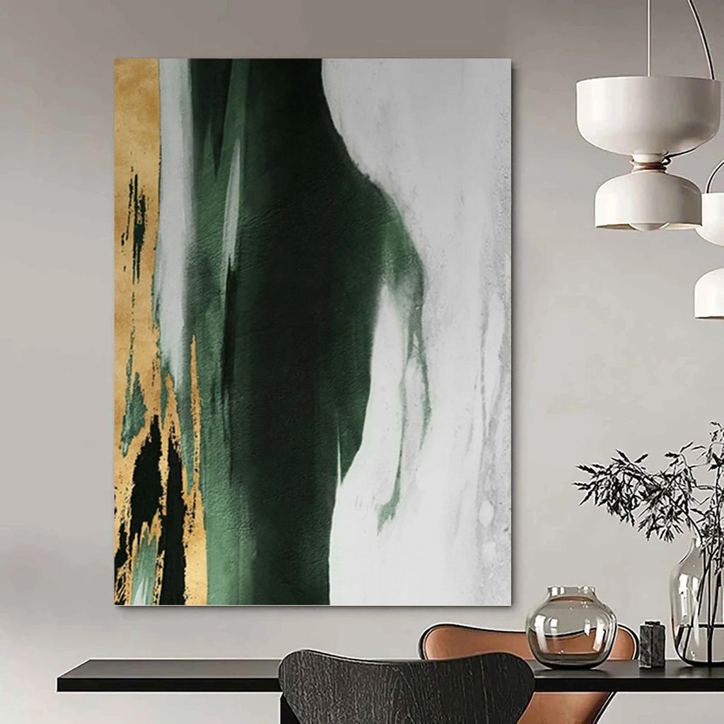 “Green - White - Gold Abstract Form” - Textured Abstract Painting On Canvas PT1234