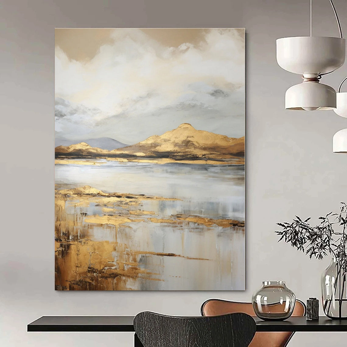 Gold, Beige, Gray with Landscape "Golden Horizons" Landscape Painting On Canvas PS1256