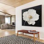 “Textured White Flower on Black” - Impasto Floral Painting On Canvas PT091