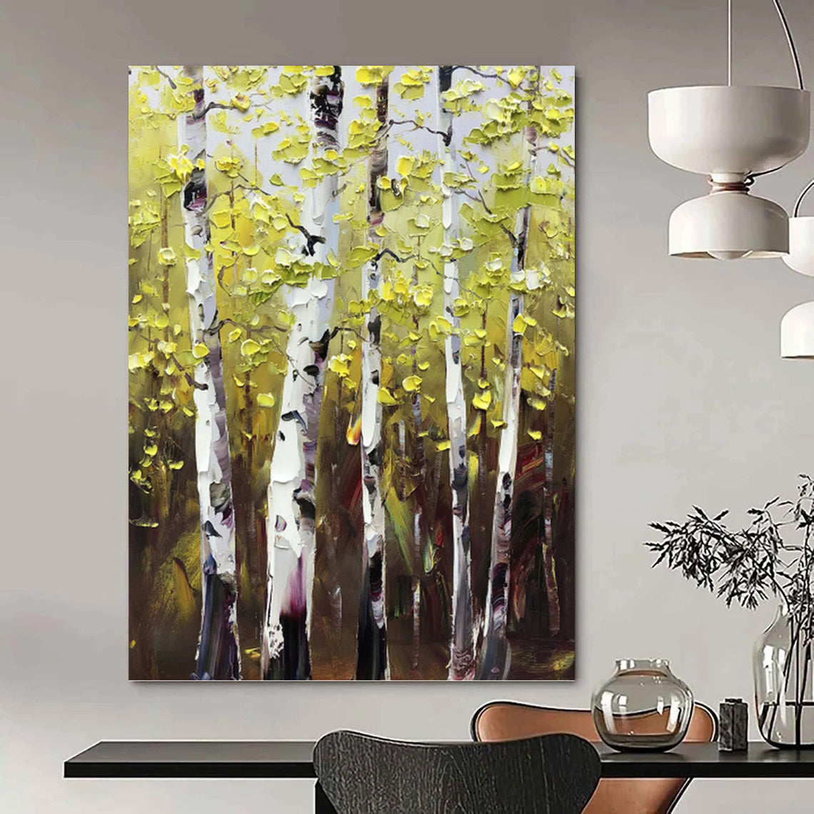 “Yellow - Green Birch Forest” - Impasto Landscape Painting On Canvas PT1282