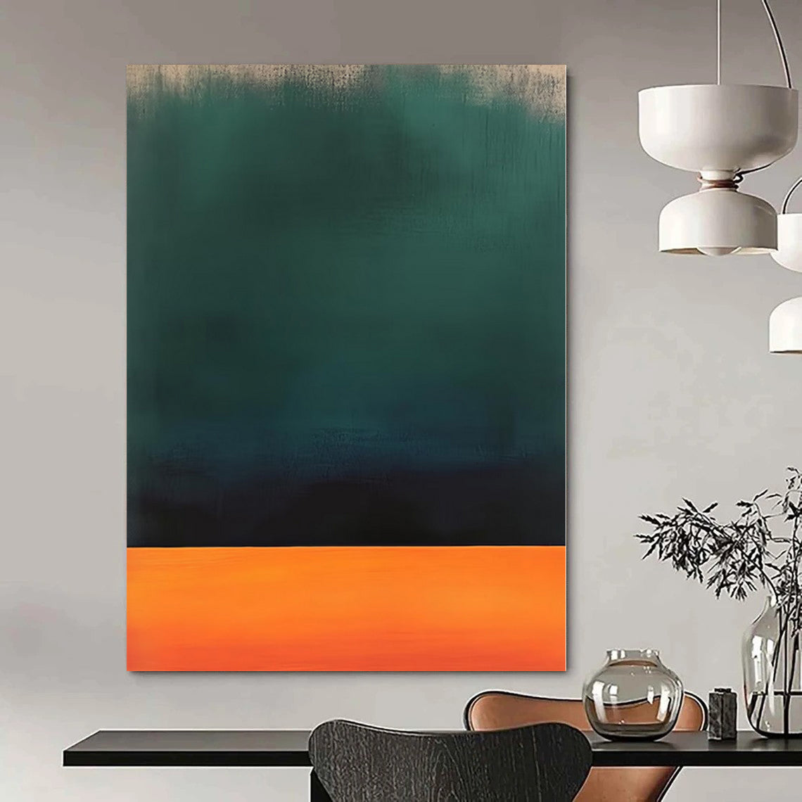 Green, Orange, Black with Horizontal Layers "Dusk Glow" Abstract Painting On Canvas PS1188