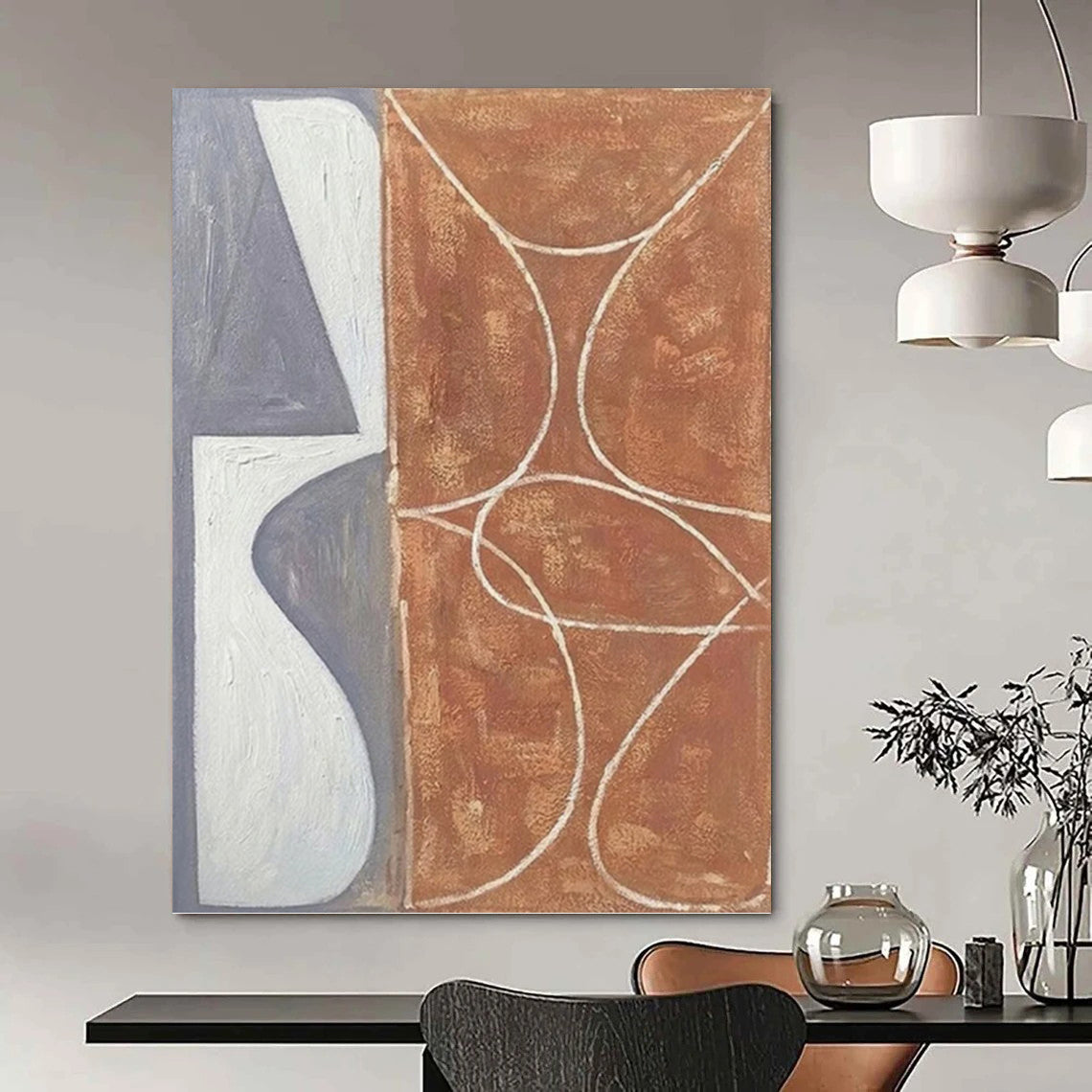 “Grey - White and Brown Curved Forms” - Geometric Abstract Painting On Canvas PT1138