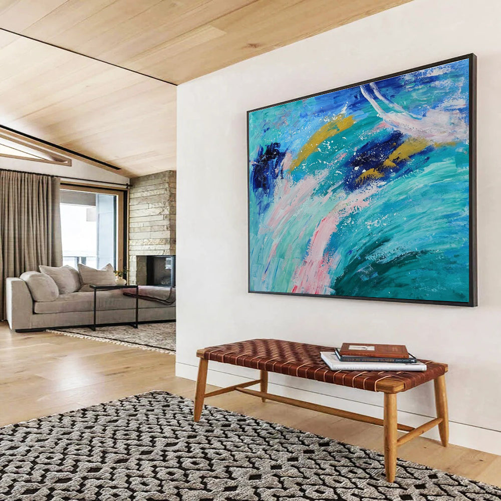 Ocean Waves Abstract: Blue, Green & Pink Expressionist Painting for Beach House & Coastal Café DKS654