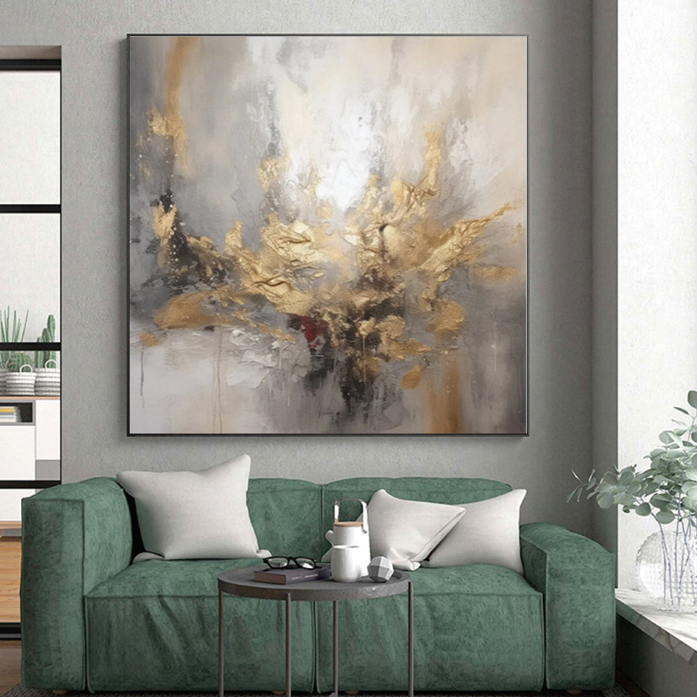 “Gray - Gold - Red Expressive Abstraction” - Gray, Gold, Red Abstract Painting On Canvas PS0540