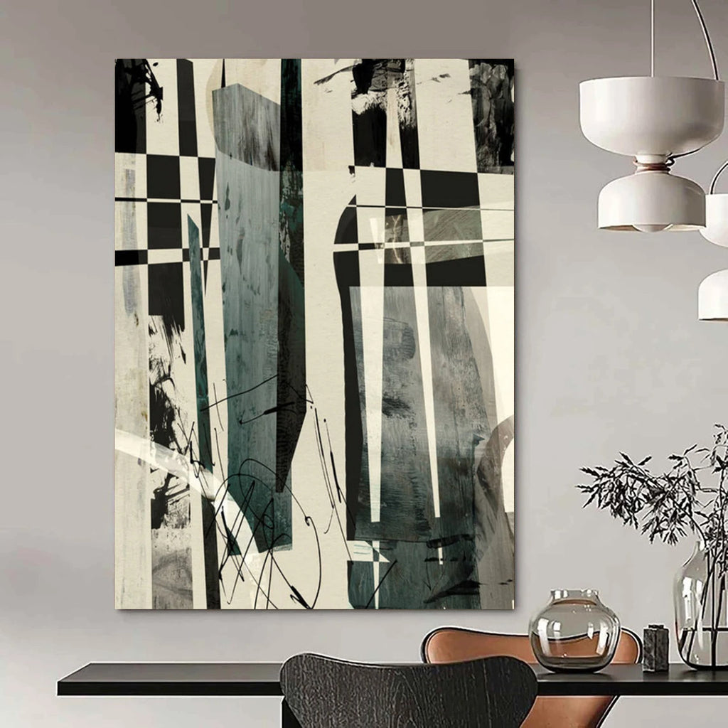 “Checkerboard & Abstract Forms” - Black & White with Dynamic Shapes Painting On Canvas DS218