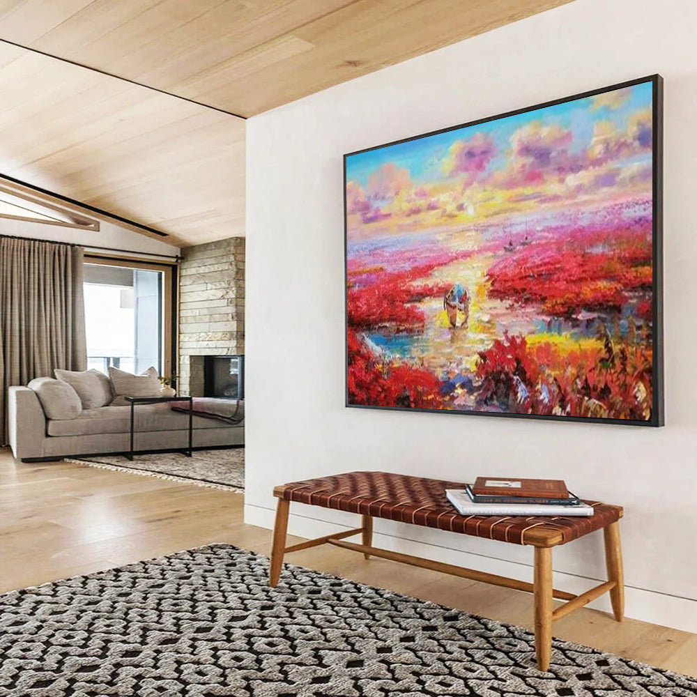“Pink Wetland Sunset with Boats” Impressionist Landscape Painting On Canvas PT1799