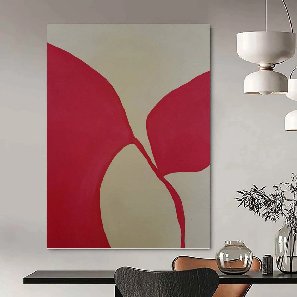 “Pink Linked Shapes on Light Beige” - Connected Forms Abstract Painting On Canvas PT1080