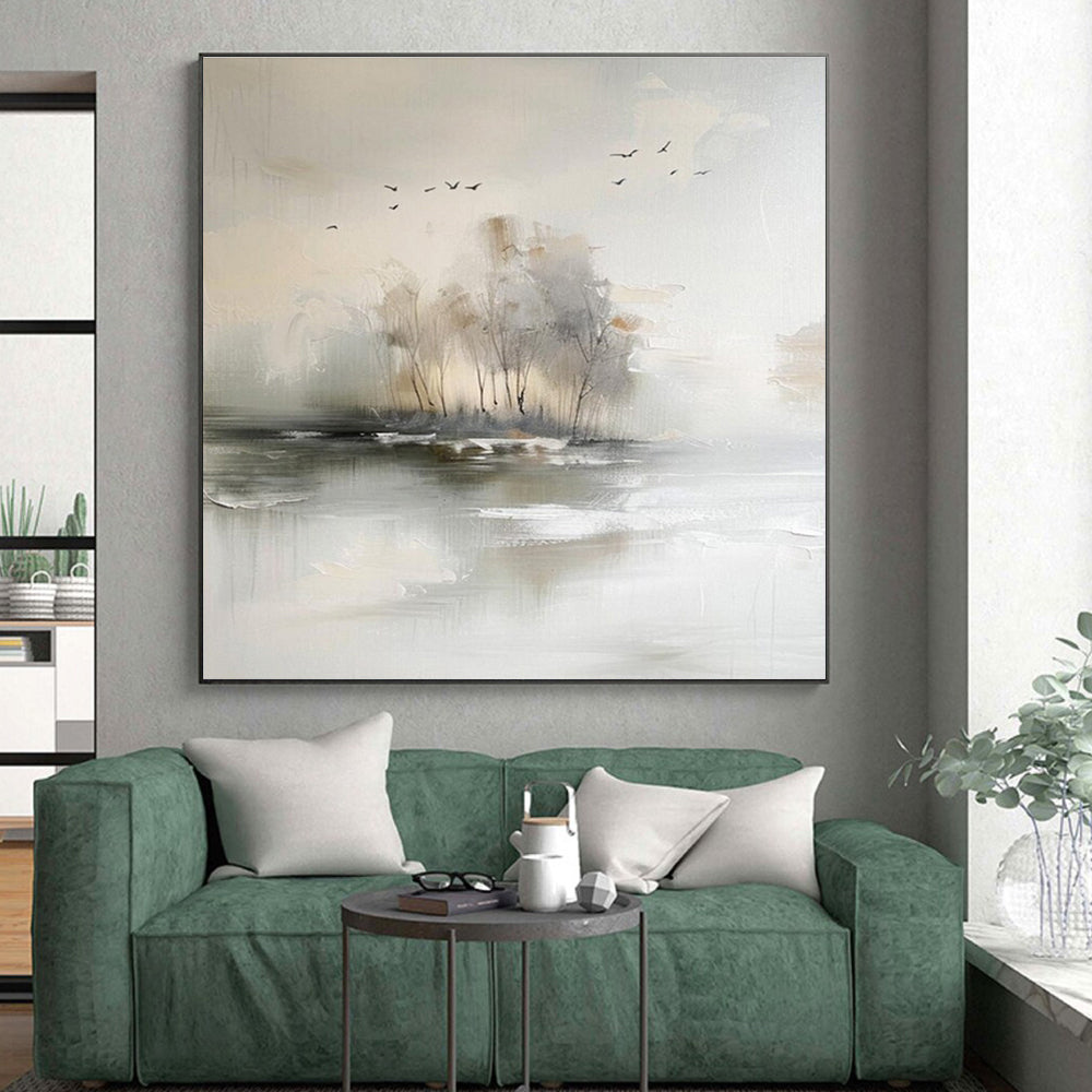 “Misty Landscape Serenity” - Gray, White, Beige Abstract Landscape Painting On Canvas PS0626