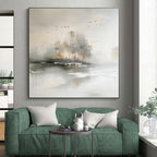 “Misty Landscape Serenity” - Gray, White, Beige Abstract Landscape Painting On Canvas PS0626