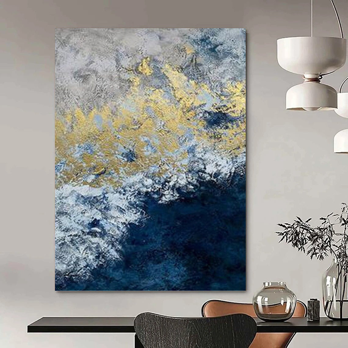 “Blue, White, and Gold Ocean Wave” - Abstract, Metallic - Accented Painting On Canvas PT1549