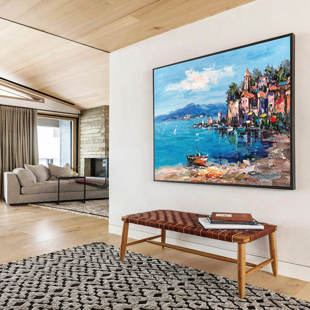 “Colorful Coastal Village” - Impressionistic Seaside Painting On Canvas PT230