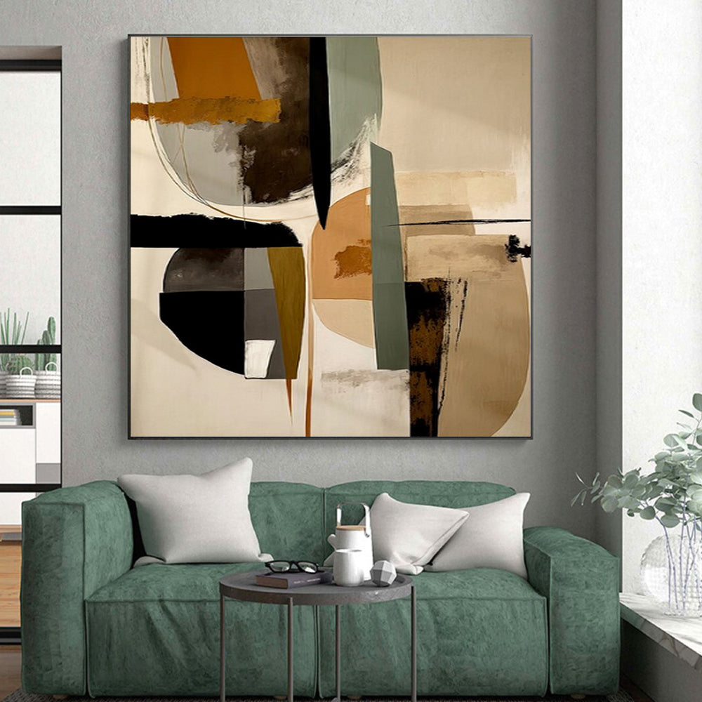 “Geometric Earth - Tone Fusion” - Brown, Green, Gray, White Abstract Geometric Painting On Canvas PS0753
