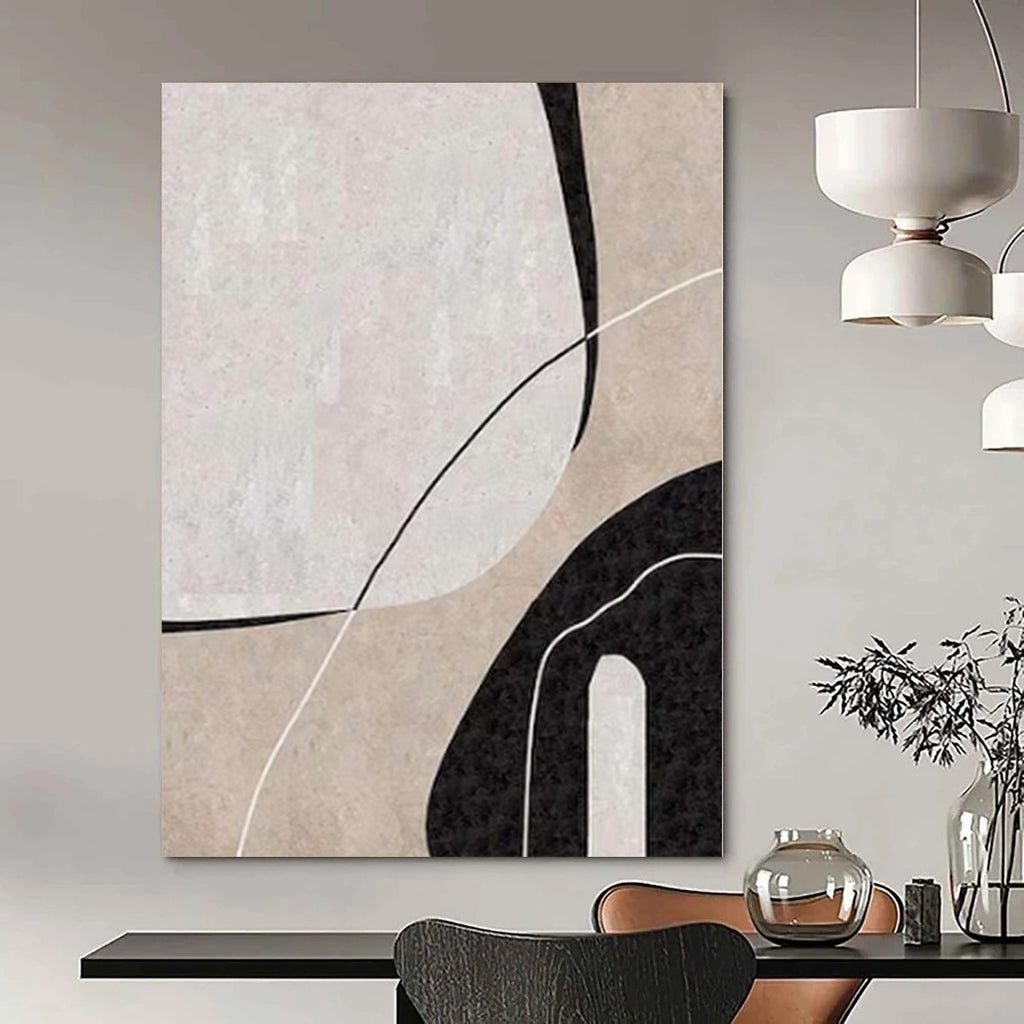 Beige, Black and White with Curved Line Forms "Organic Flow" Abstract Painting On Canvas PS1162