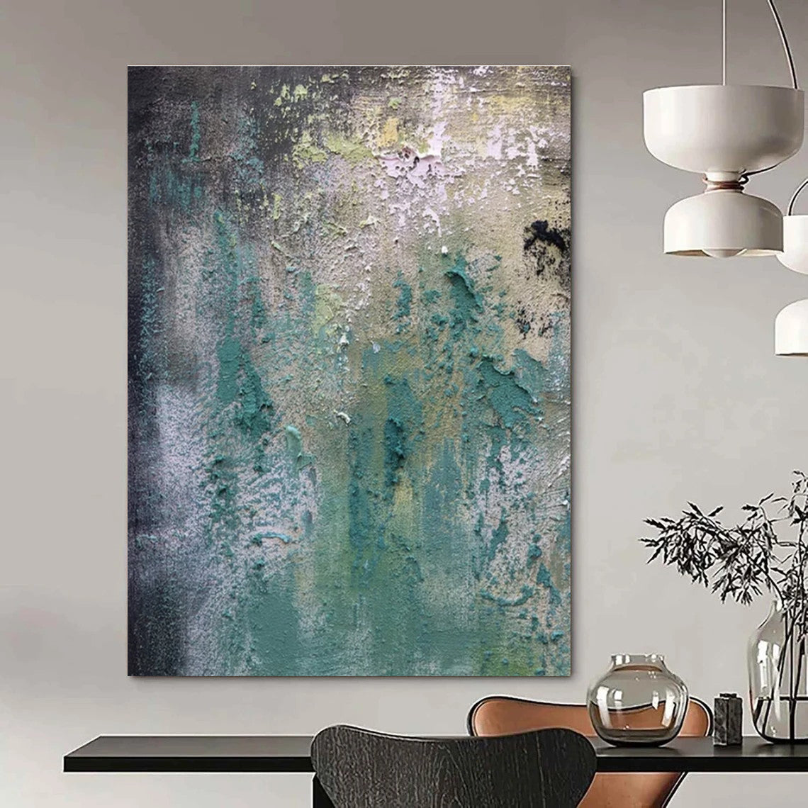 Green, Blue, Gray, Yellow with Textured Layers "Weathered Dream" Abstract Painting On Canvas PS1472